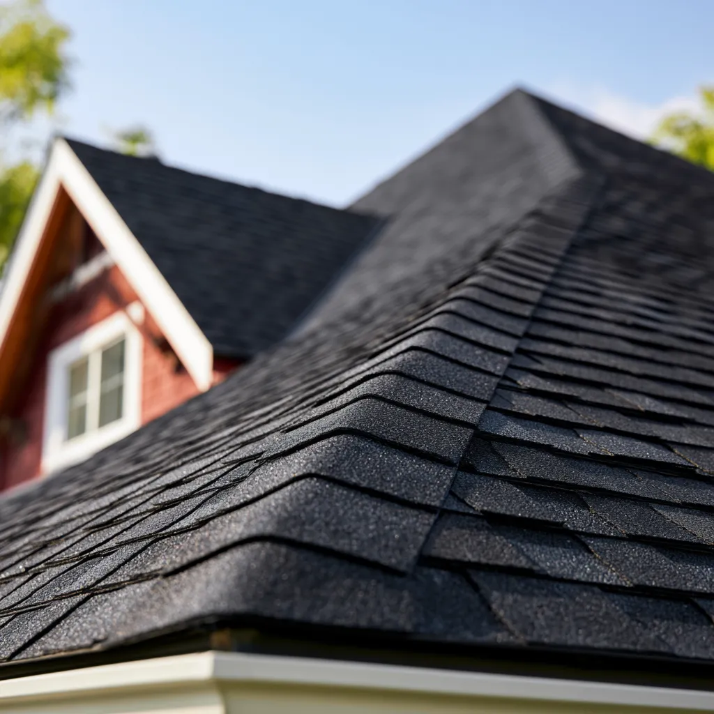 Ridges of a black shingle roof with red gable dormer behind