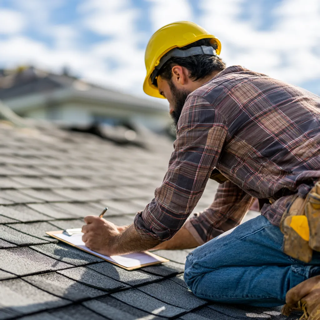 Yellow hard hat worn by an inspector taking notes on a roof